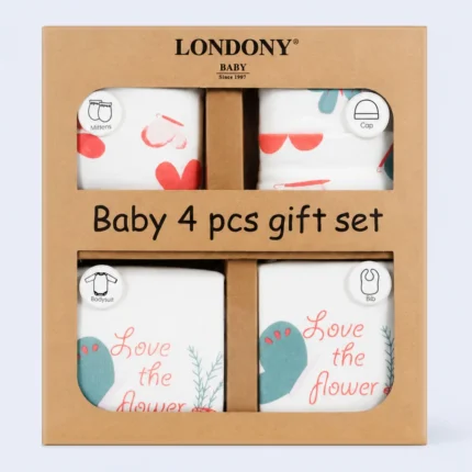 Londony Baby 4 PCS Gift Set Newborn Clothing Set Cap Mittens Bib Bodysuit