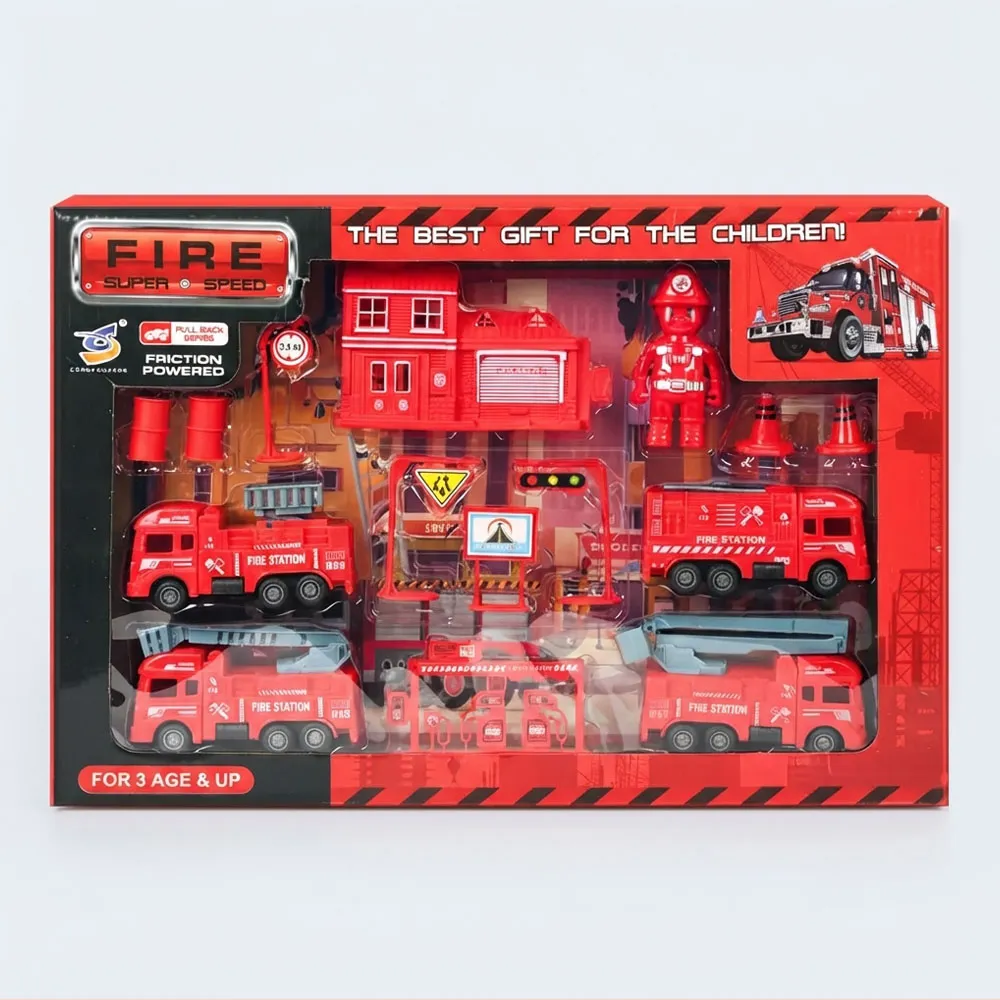 3281- 6464653687928 - super speed fire & rescue play set Fire Rescue Play Set for Kids Friction Trucks Fire Station Toy - Image 1