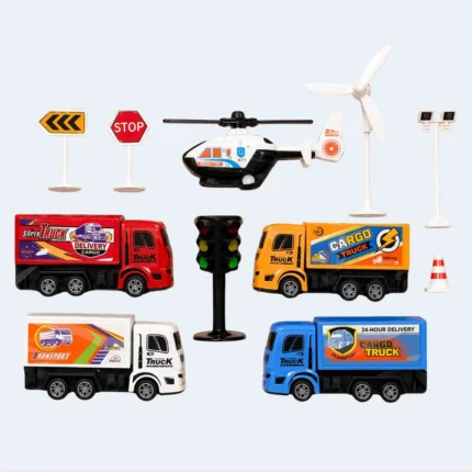 Kids Transport Truck Set Pull Back Cars Helicopter Toy Set 3