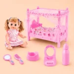 Baby Doll Play Set with Bed Bottle Accessories Kids Pretend Toy - Image 3