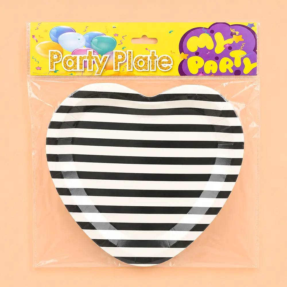 Heart Shape Party Plates Black Stripe Disposable Tableware Heart Shape Party Plates Black Stripe Disposable Tableware - Image 1