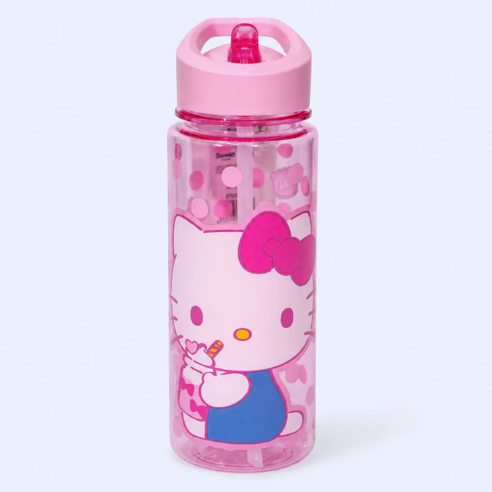 Kids Hello Kitty Pink Transparent Water Bottle with Straw & Drinking Spout Kids Hello Kitty Pink Transparent Water Bottle with Straw & Drinking Spout - Image 1