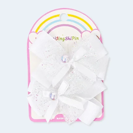 Girls Glitter Bow Hair Clips with Gem Center 2-Piece Set