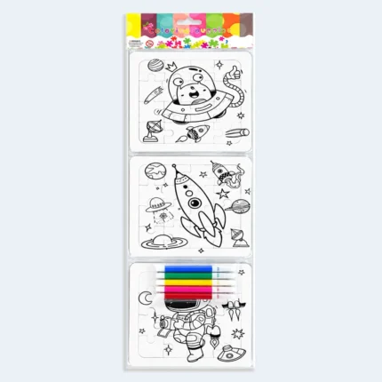 Kids Space Coloring Puzzle Set with 3 Puzzles & 5 Marker Pens