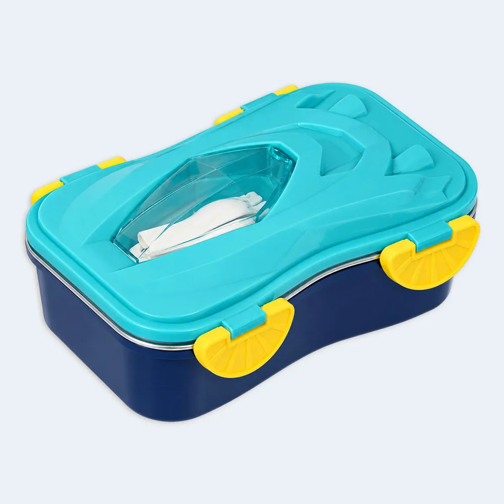 lunch-box-800ml-blue-1 Kids Car Design Lunch Box with Secure Locking Clips ( Blue )