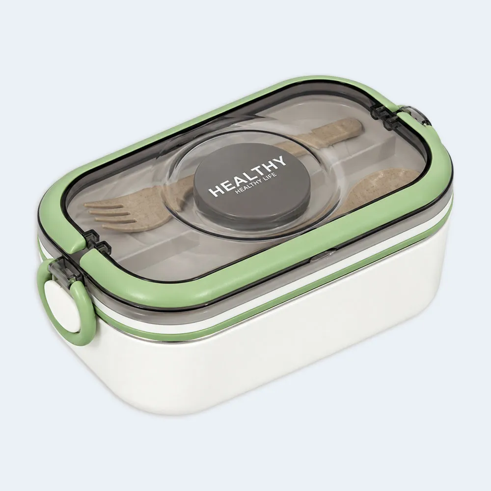 lunch-box-green Kids Compartment Lunch Box with Spoon & Secure Locking Lid ( Green )