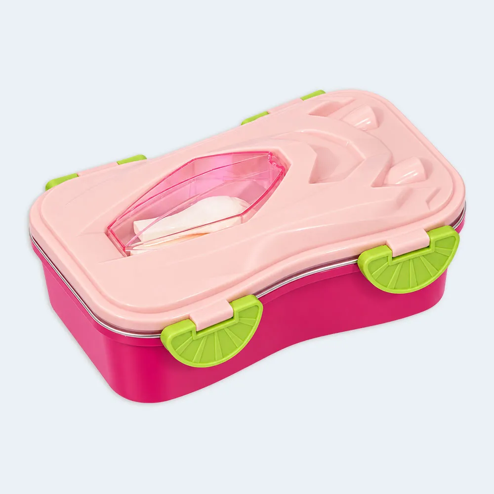 lunch-box-800ml-pink-1 Kids Car Design Lunch Box with Secure Locking Clips ( Pink )