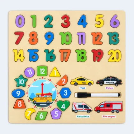 Kids Wooden Number Learning Puzzle with Clock & Vehicles