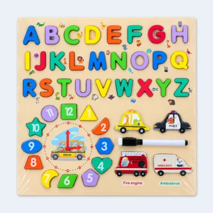 Kids Wooden Alphabet & Number Learning Puzzle Board with Vehicles