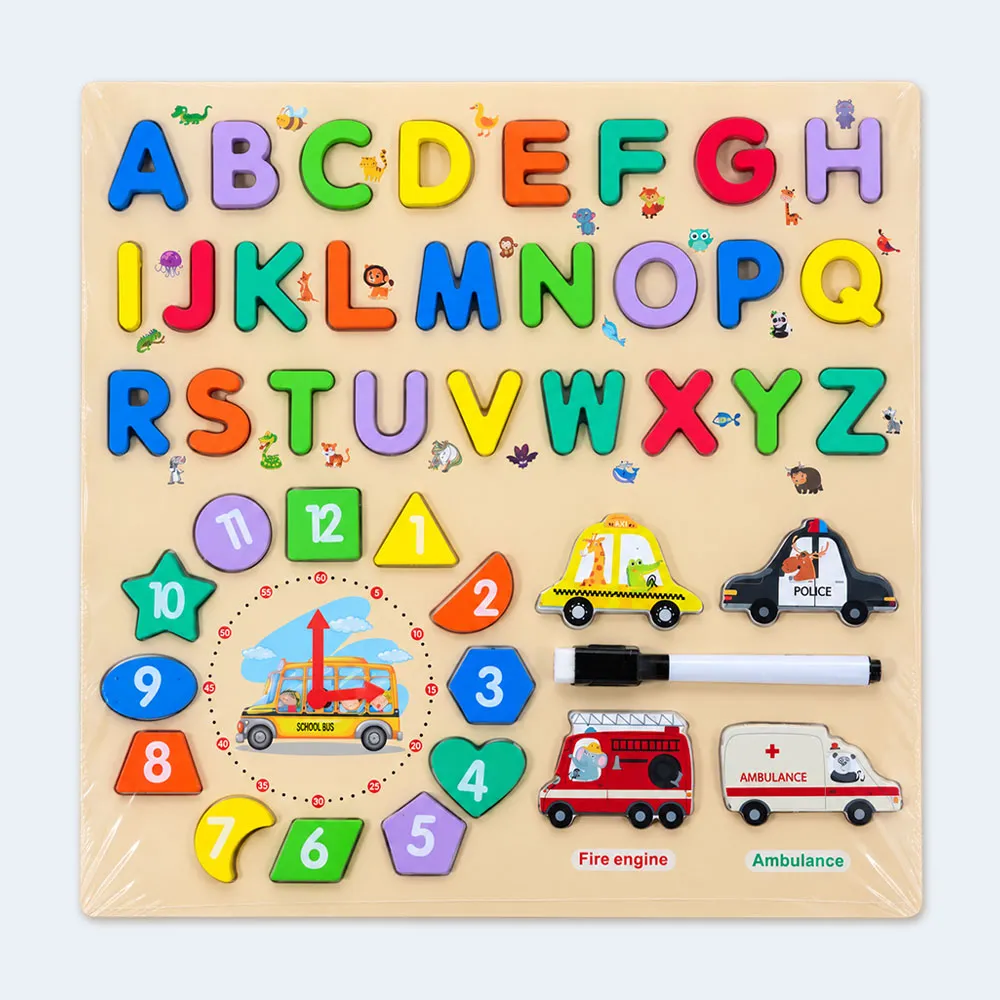 wood-learning-word Kids Wooden Alphabet & Number Learning Puzzle Board with Vehicles