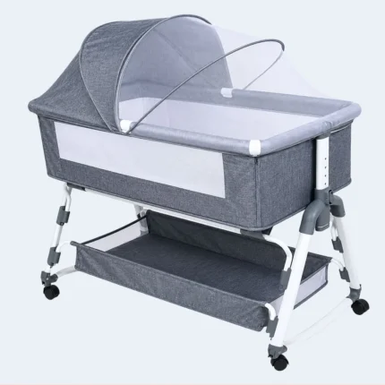 Baby Bedside Cradle with Canopy, Storage Basket & Wheels