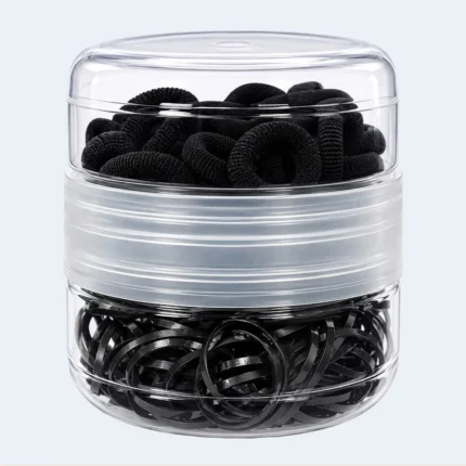 Black Hair Bands & Elastic Ties Set with Dual Storage Container