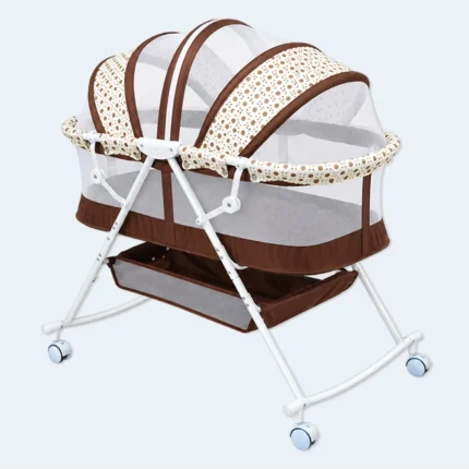 Baby Cradle HK 205 with Mosquito Net Canopy, Wheels & Storage Basket