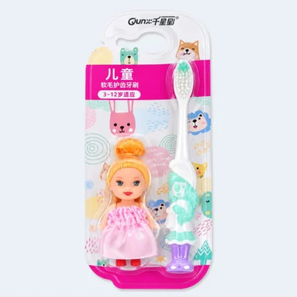 Qunxi Kids Soft Bristle Toothbrush with Mini Doll Gift – Ages 3–12 Years ( Blue )